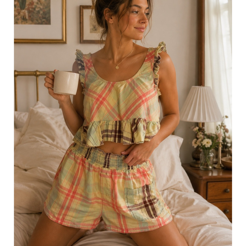 LyreBird Plaid Ruffle Pajama Shorts Set Medium Yellow Pink Cottagecore Prairie
